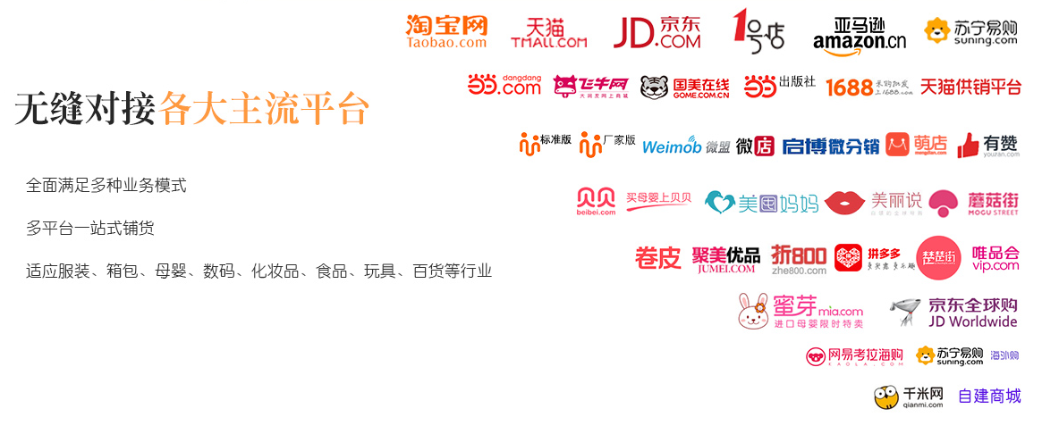 無縫對接超過70+主流電商平臺，多平臺多店鋪訂單實時同步，通過API接口快速下載全網訂單，穩(wěn)定高效不漏單。